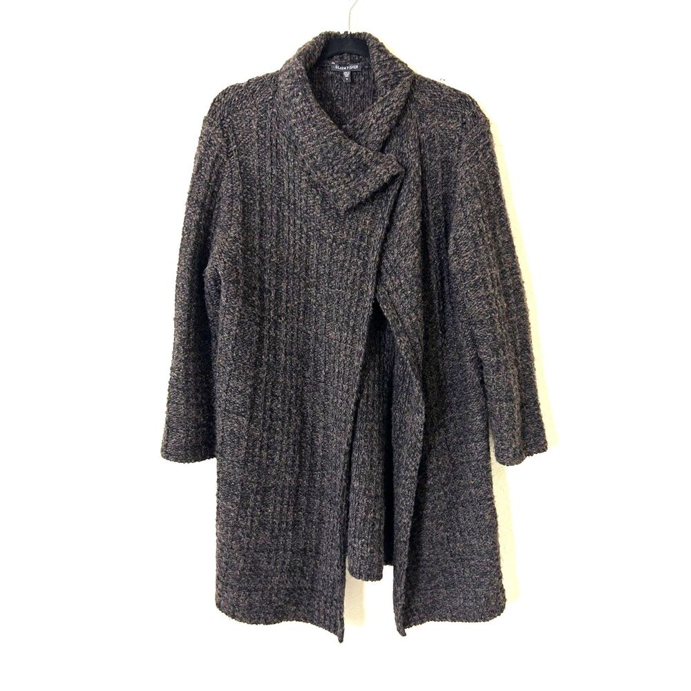 Eileen Fisher Cardigan Womens S Brown Organic Wool Alpaca‎ Hi Collar Minimalist